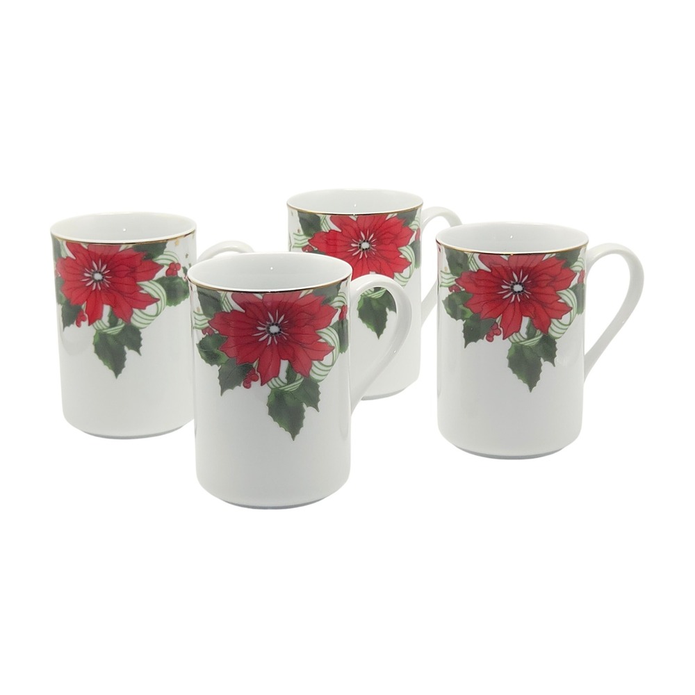 Vintage American Atelier Poinsettias 3398 Suzanne Evans Set of 4 Christmas Mugs